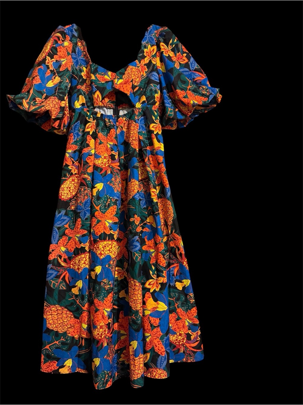 Print Puff-Sleeve Midi Dress